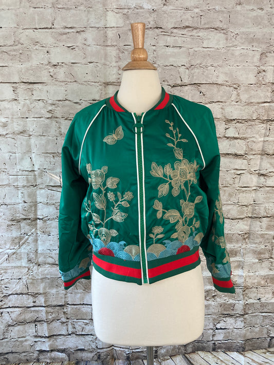 Nymph - Bomber jacket green and red ,embroidery - Size Medium
